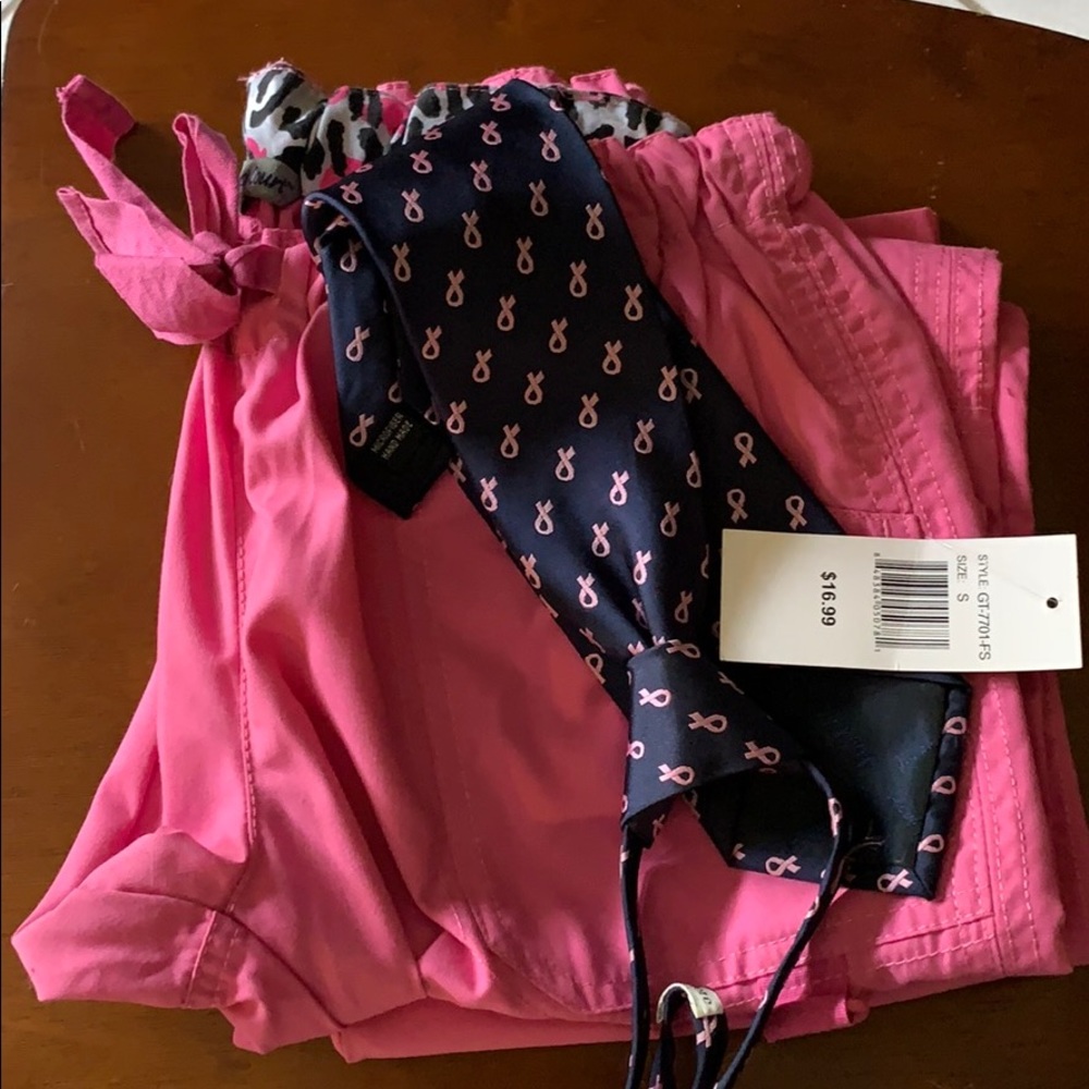 Bounnock Court scrub pants and adjustable necktie.